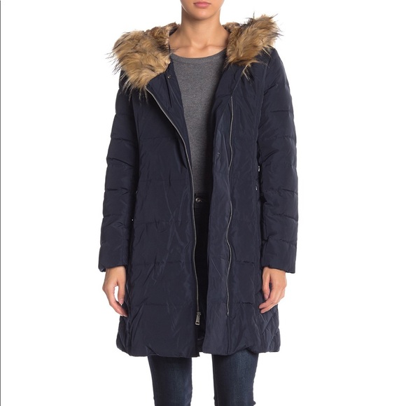asymmetrical puffer coat with fur hood